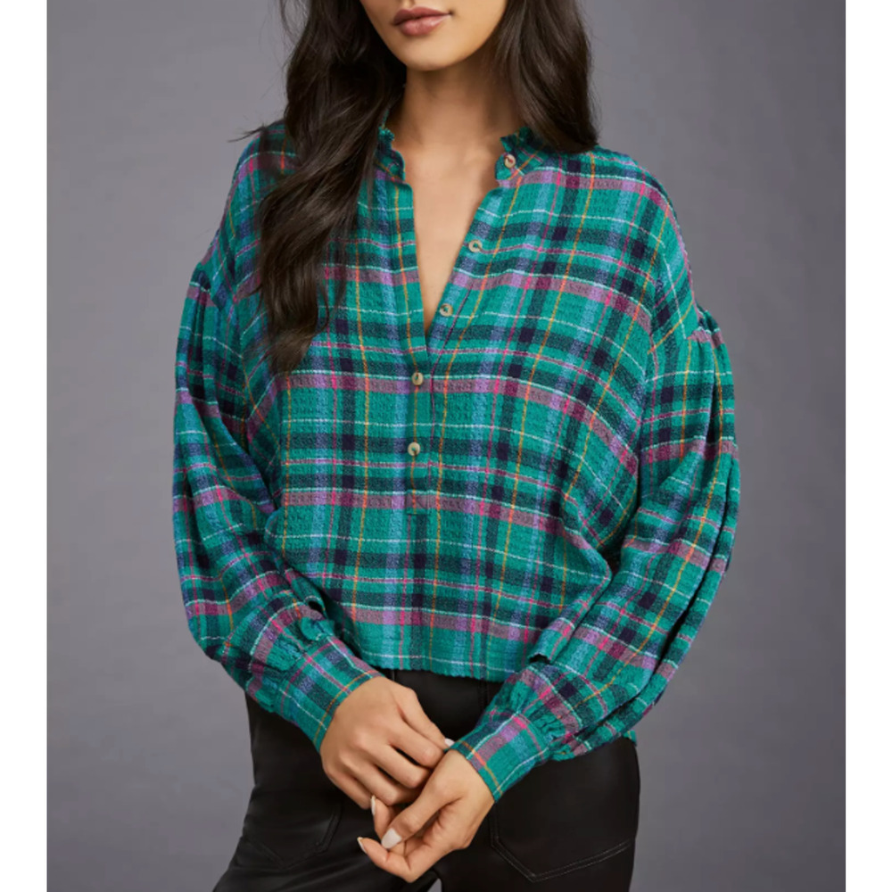 Anthropologie‎ Pilcro Cropped Puff-Sleeve Soft Crinkle Green Plaid Blouse Small